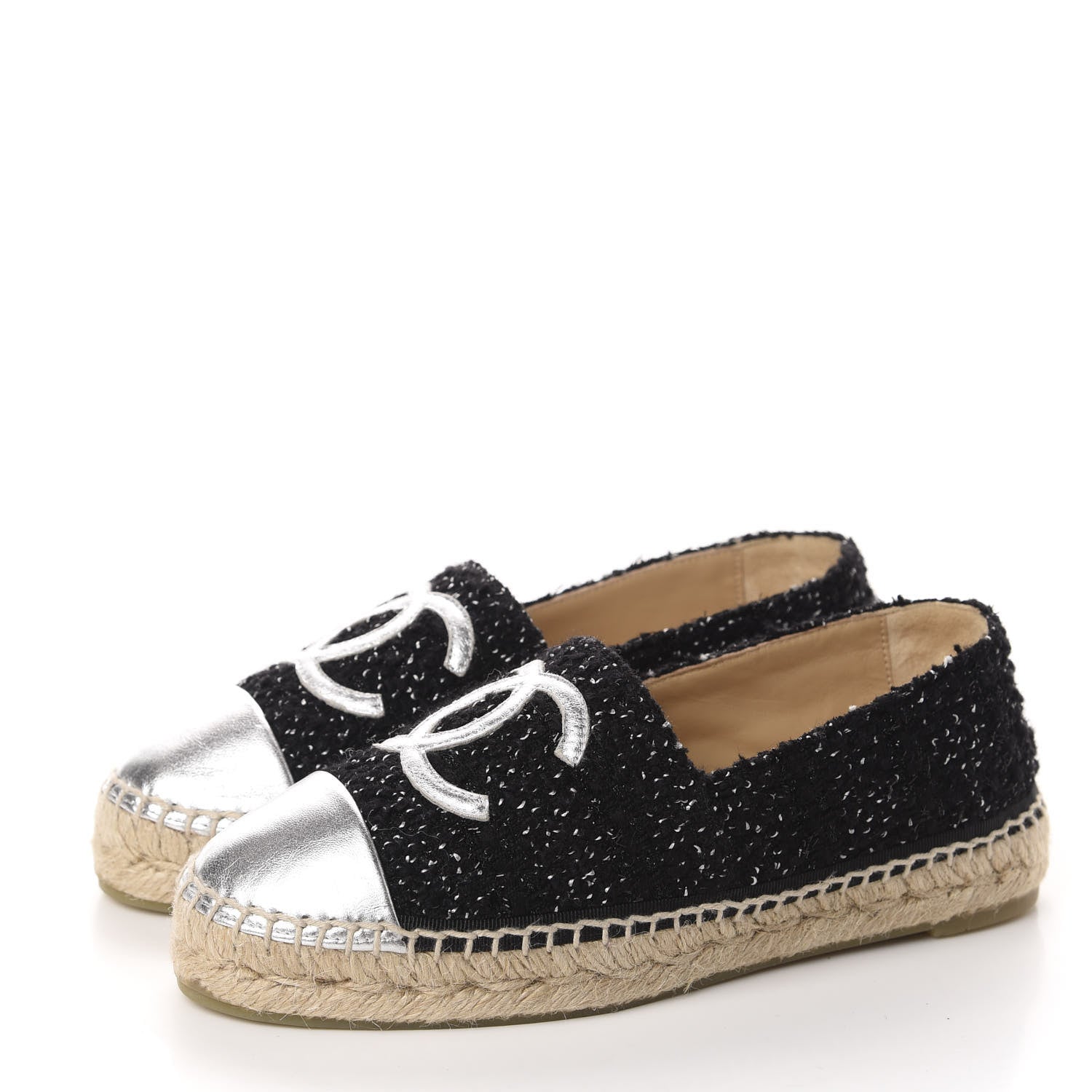 Chanel Metallic Lambskin Tweed CC Espadrilles 36 Black Silver 3 of 12