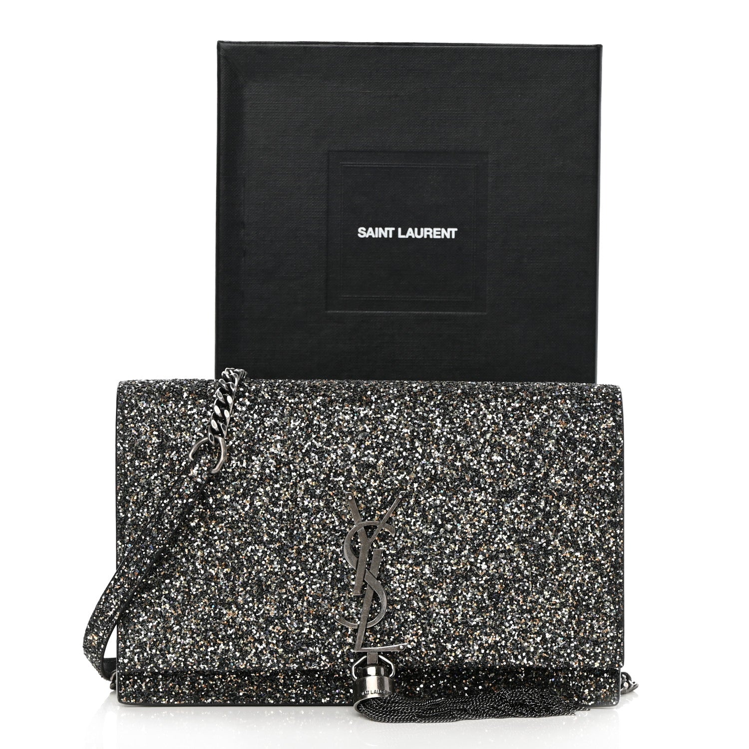 Saint Laurent Metallic Glitter Classic Monogram Kate Tassel Chain Wallet Gun Metal Black 13 of 13