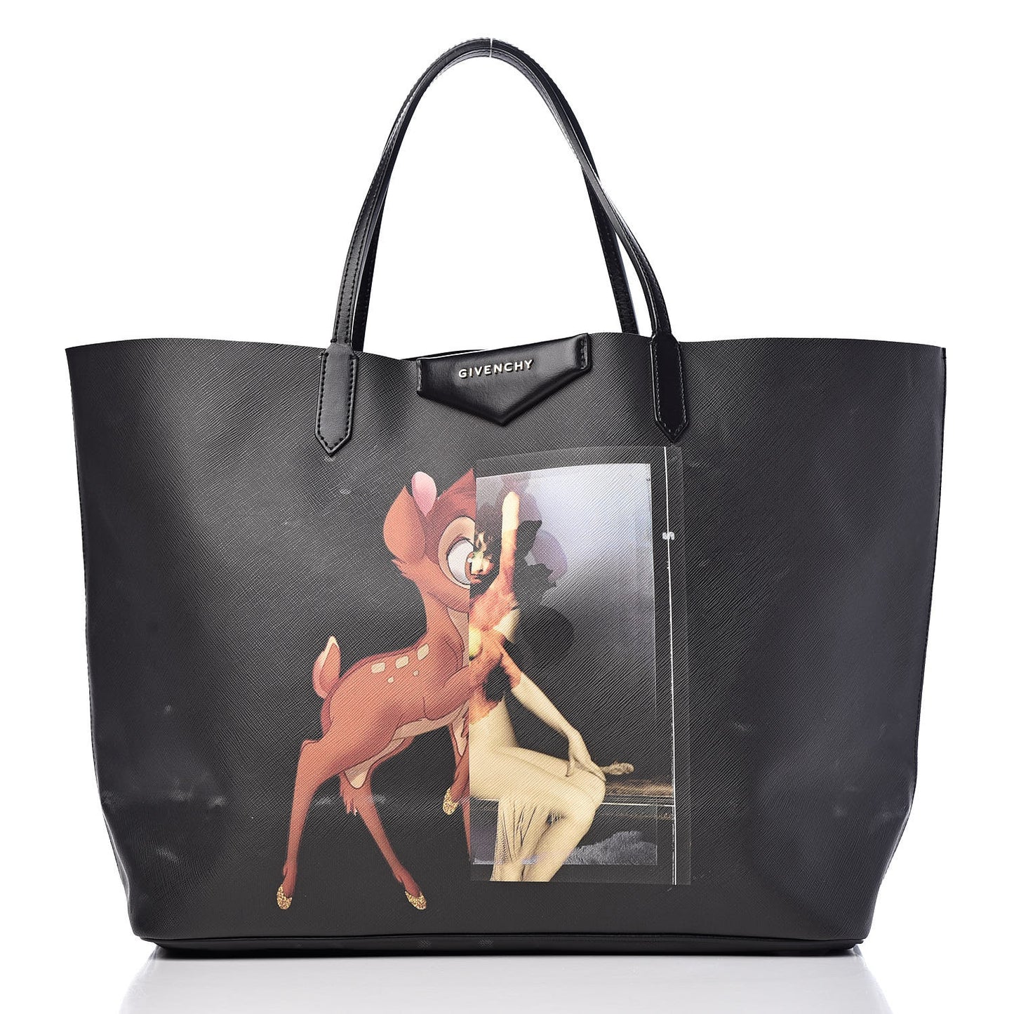 Textured Coated Canvas Bambi Print Large Antigona Tote Black