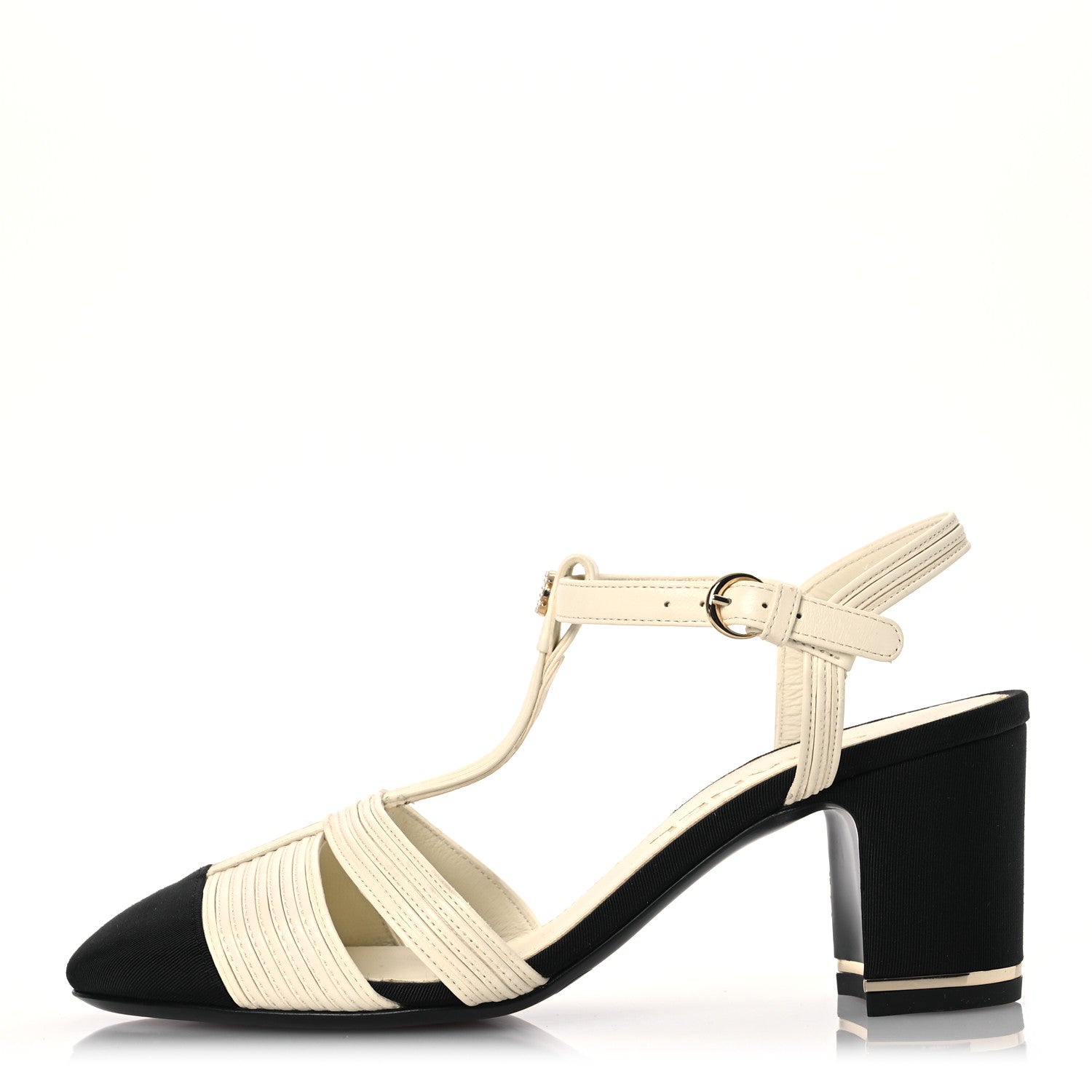 Chanel Lambskin Grosgrain Pearl CC Cap Toe Slingback Sandals 36 Ivory Black 1 of 12