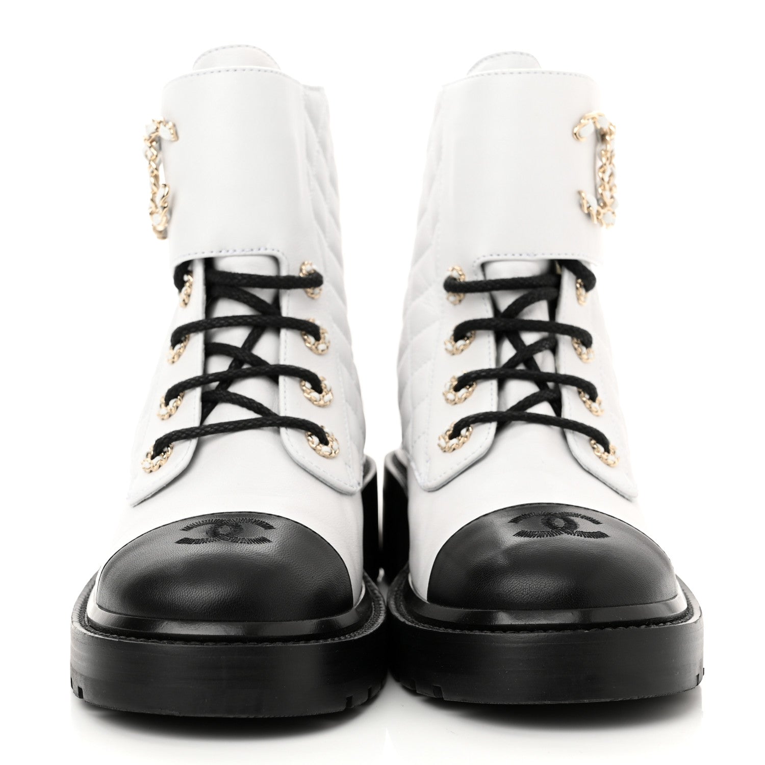 Chanel Shiny Lambskin Quilted Lace Up Combat Boots 39.5 White Black 2 of 8