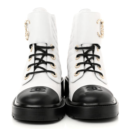 Chanel Shiny Lambskin Quilted Lace Up Combat Boots 39.5 White Black 2 of 8