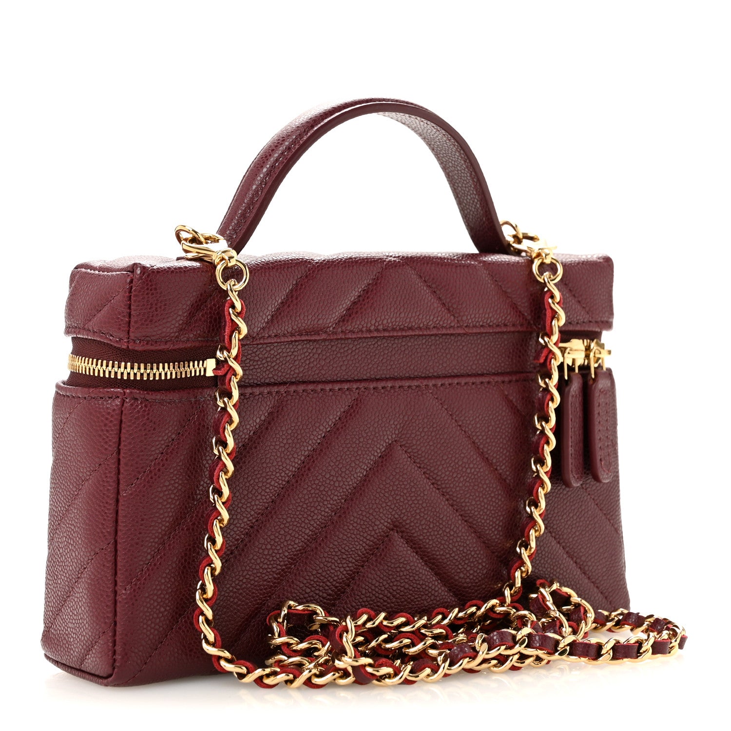 Chanel Shiny Caviar Quilted Sleek Chevron Vanity With Chain Burgundy 3 of 12