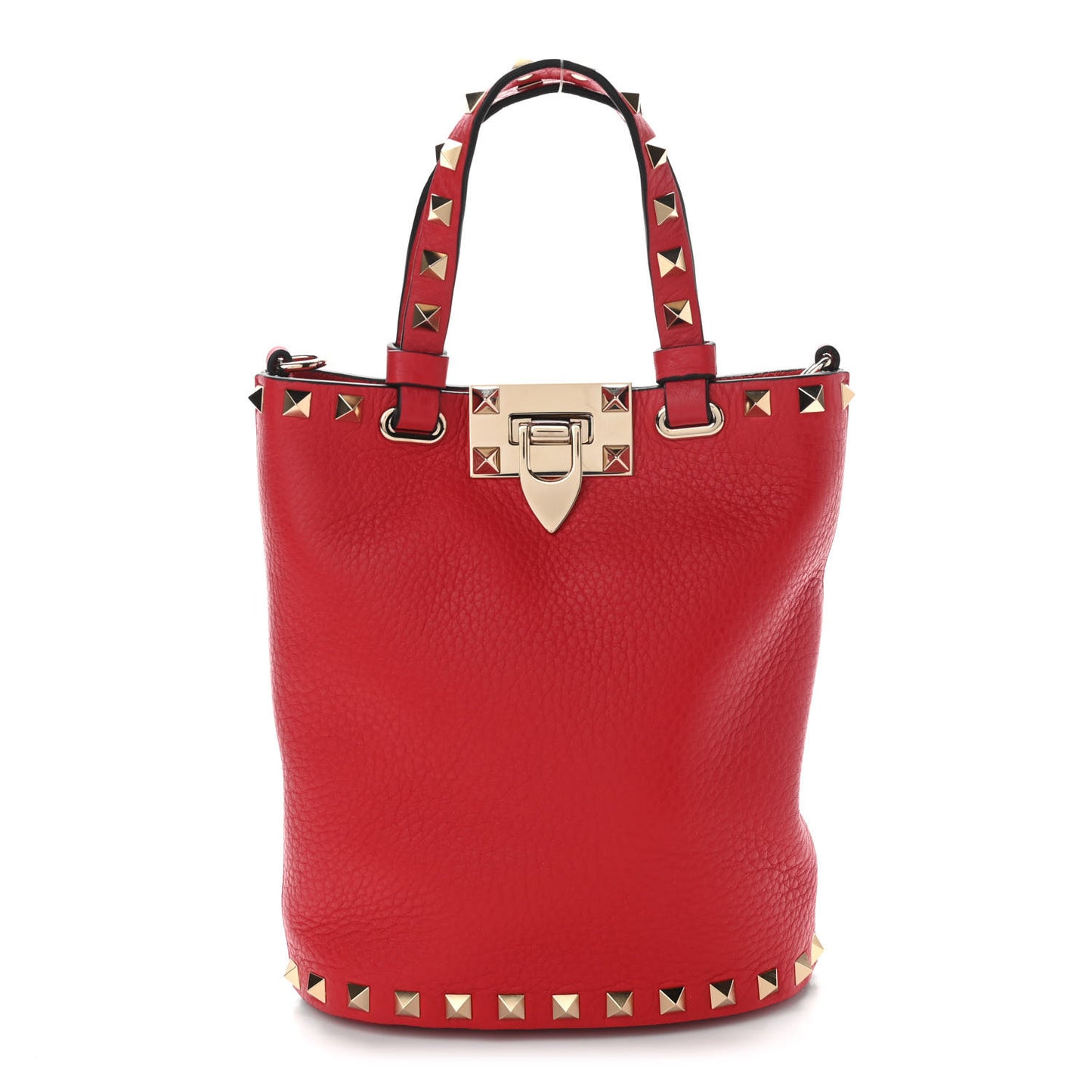 Pebbled Calfskin Rockstud Bucket Bag Red