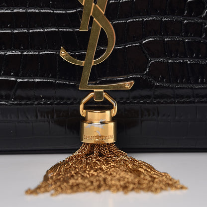 Saint Laurent Calfskin Crocodile Embossed Medium Classic Monogram Kate Tassel Satchel Black 9 of 9