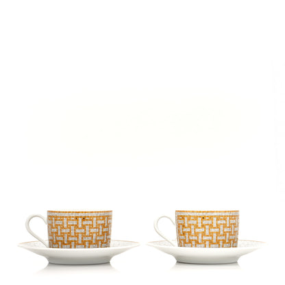 Hermes Porcelain Mosaique Au 24 Gold Tea Cup And Saucer Set Of 2 1 of 10