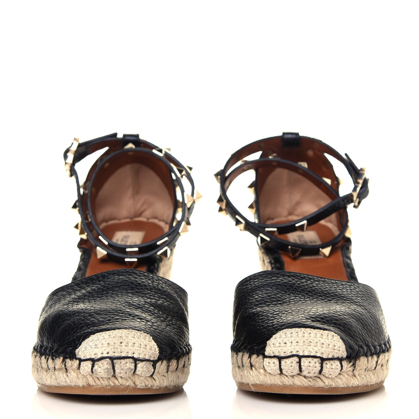 Grained Calfskin Rockstud Ankle Wrap Espadrille 15/85mm Wedges 38 Black Light Cuir