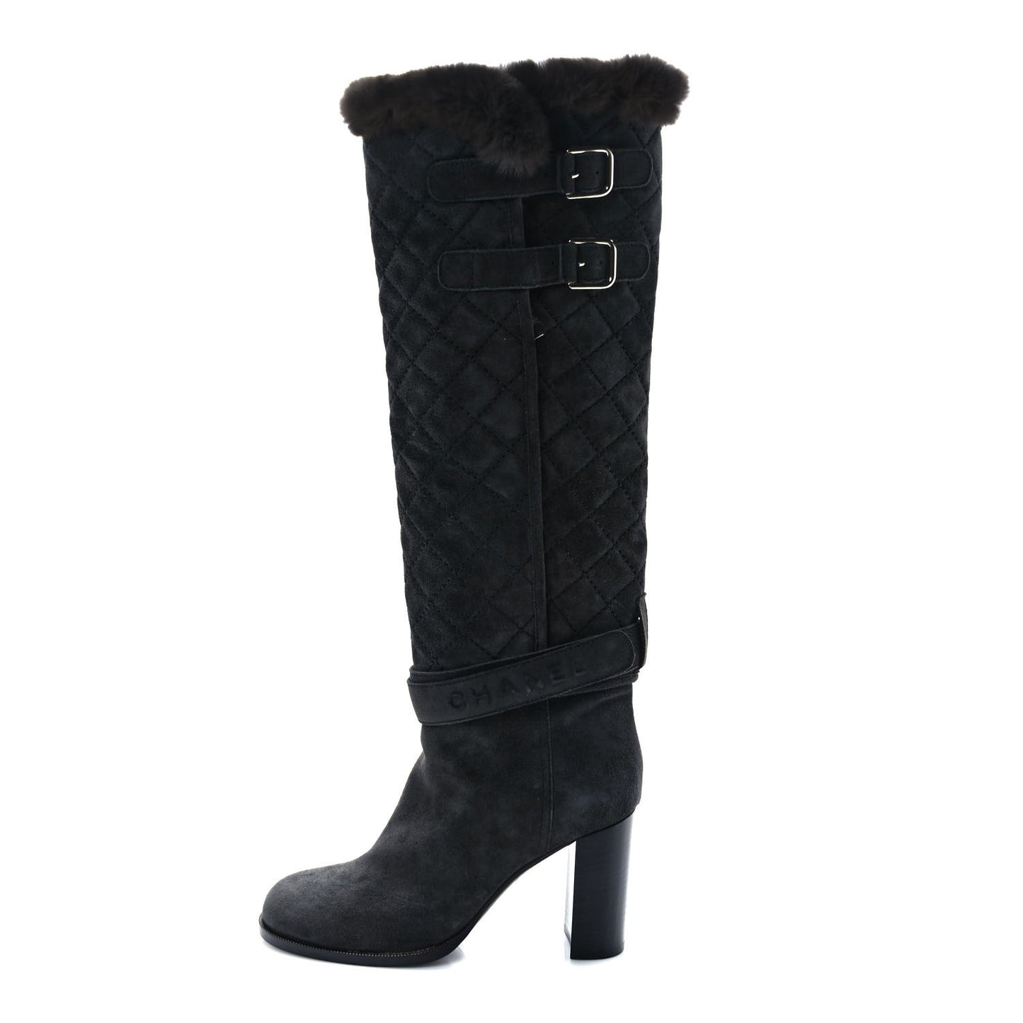 Suede Rabbit Fur Quilted Buckle High Boots 38 Grey