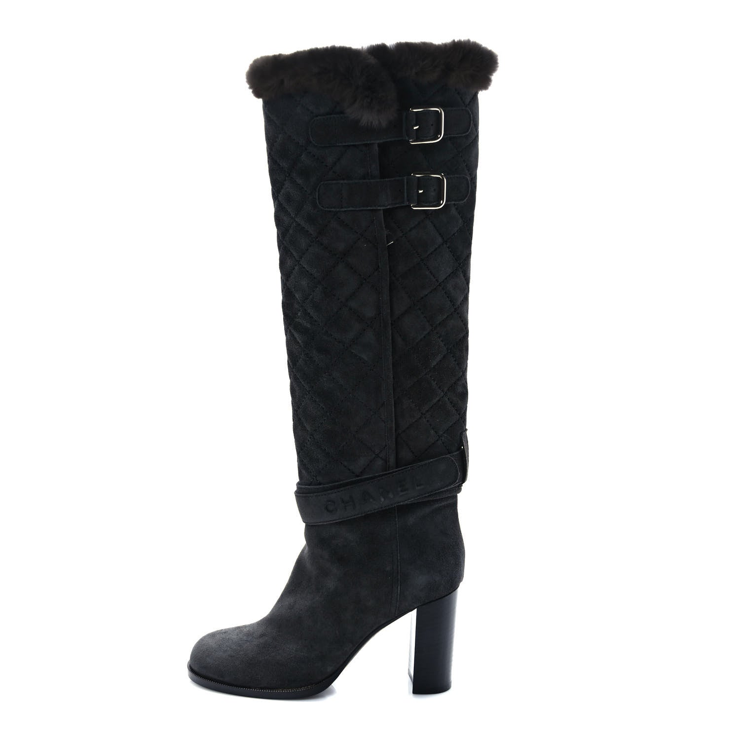 Chanel Suede Rabbit Fur Quilted Buckle High Boots 38 Grey 1 of 8