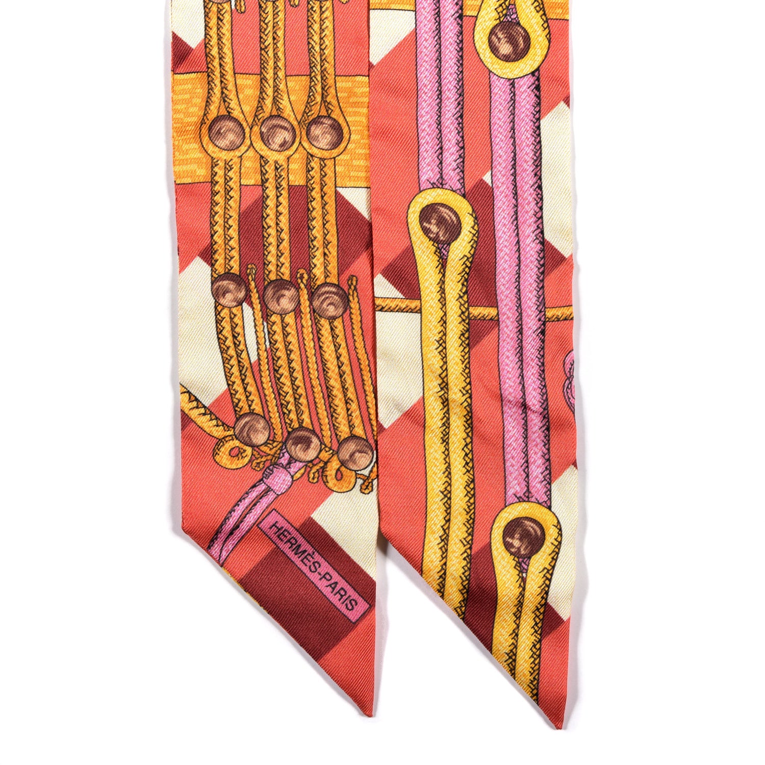 Hermes Silk Brandebourgs Twilly Corail Rose Jaune D'Or 2 of 4