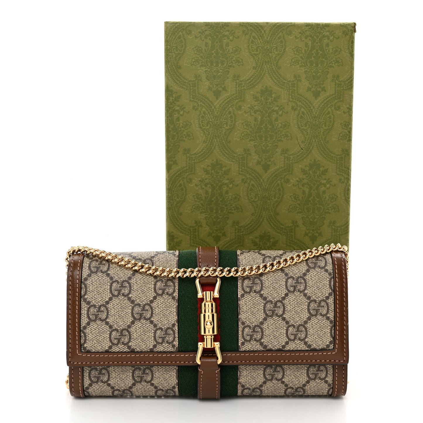 GG Supreme Monogram Azalea Calfskin Web Jackie 1961 Chain Wallet Beige Ebony Brown Sugar