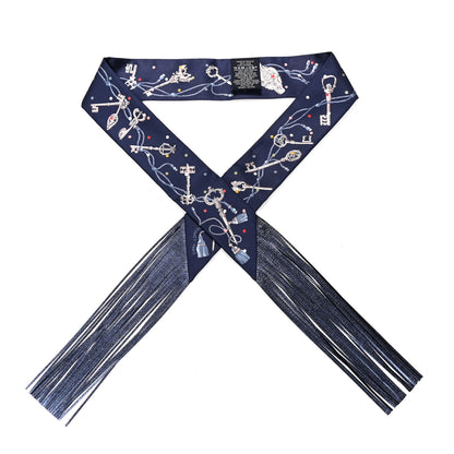 Hermes Silk Metallic Agneau Les Cles A Pois Fringed Twilly Bleu Marine Gris Argent Multicolor 1 of 4