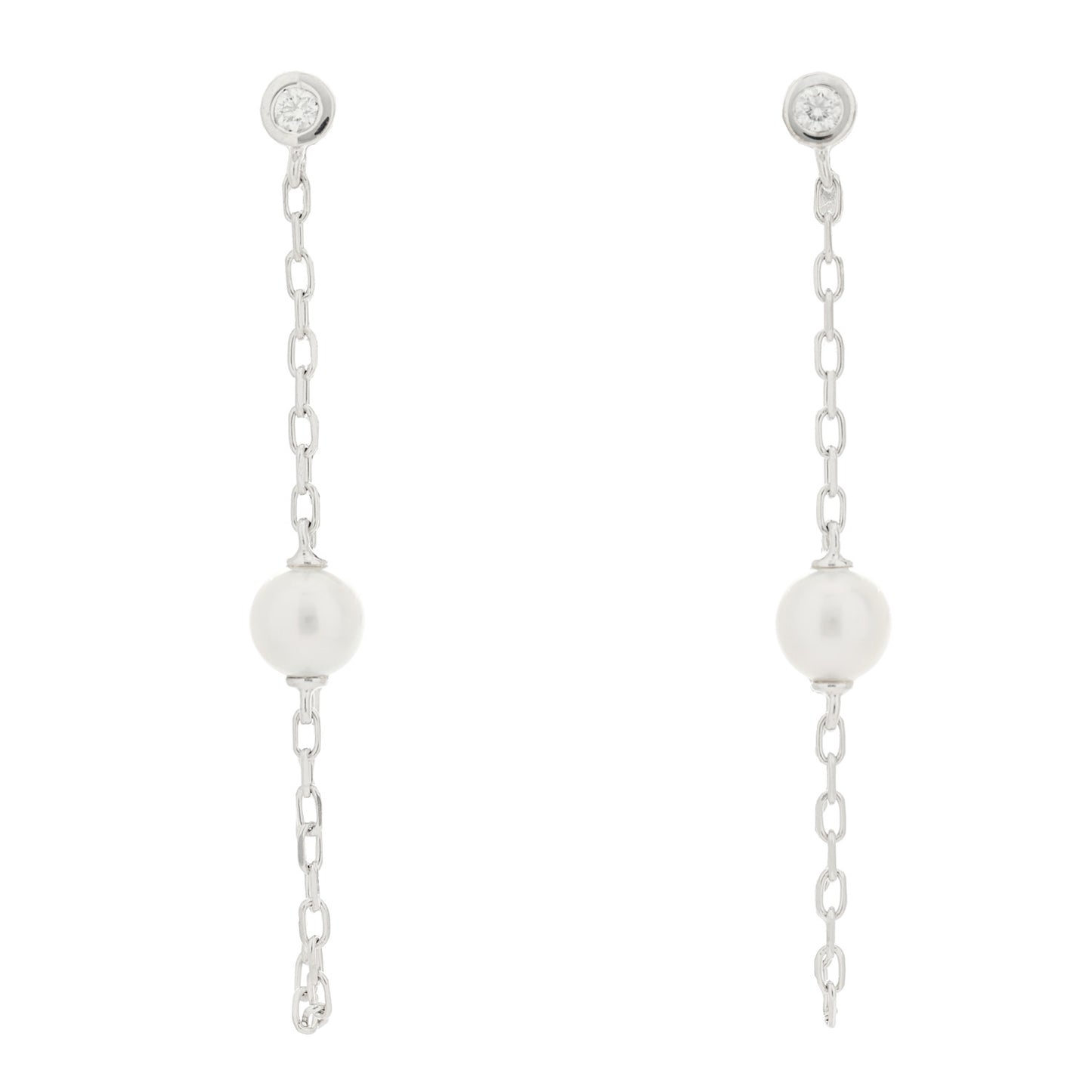 18K White Gold Diamond Akoya Pearl 4.5mm Chain Earrings