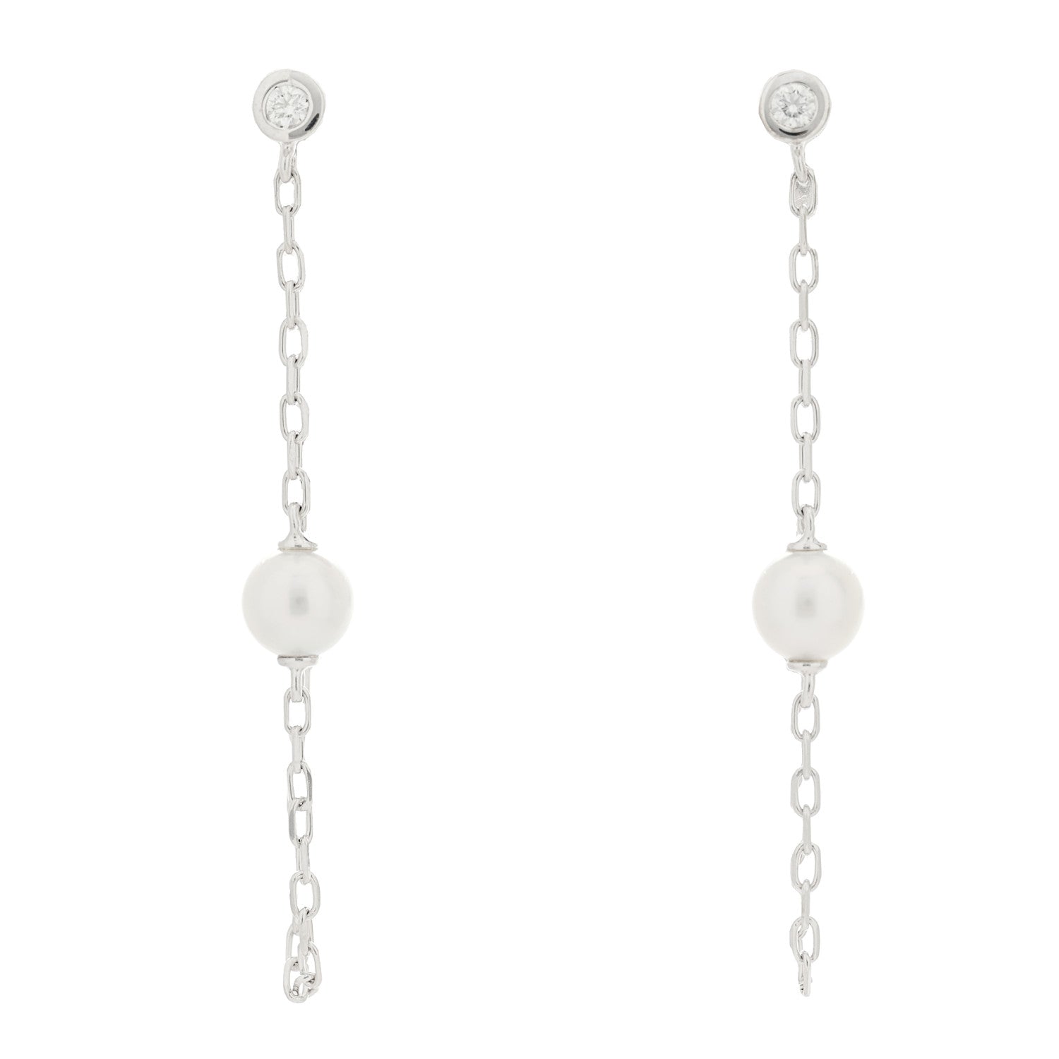 Mikimoto 18K White Gold Diamond Akoya Pearl 4.5mm Chain Earrings 1 of 5