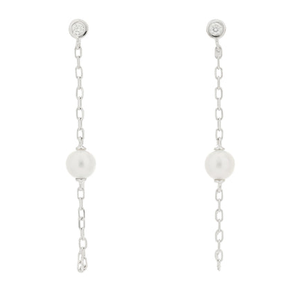 Mikimoto 18K White Gold Diamond Akoya Pearl 4.5mm Chain Earrings 1 of 5