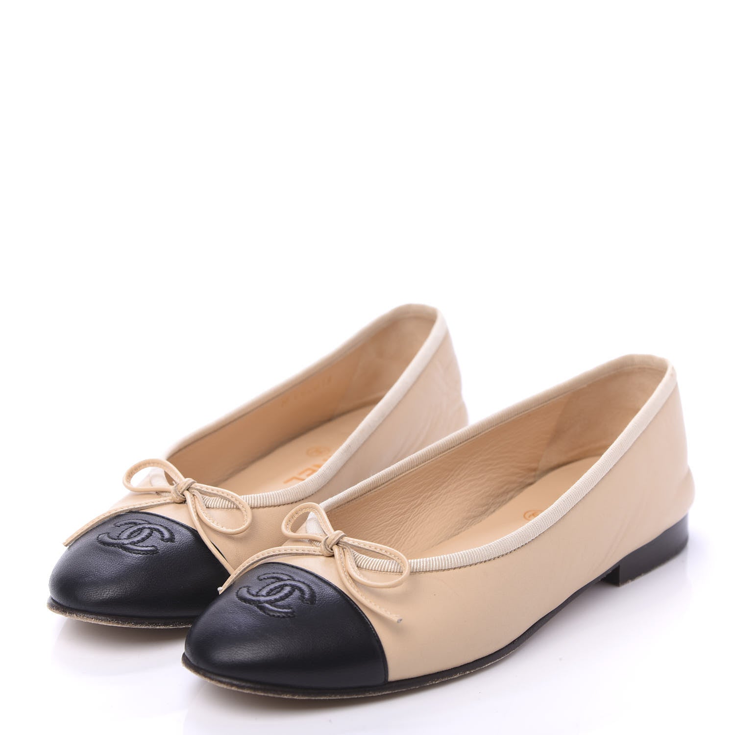 Chanel Lambskin Cap Toe CC Ballerina Flats 36.5 Beige Black 3 of 9