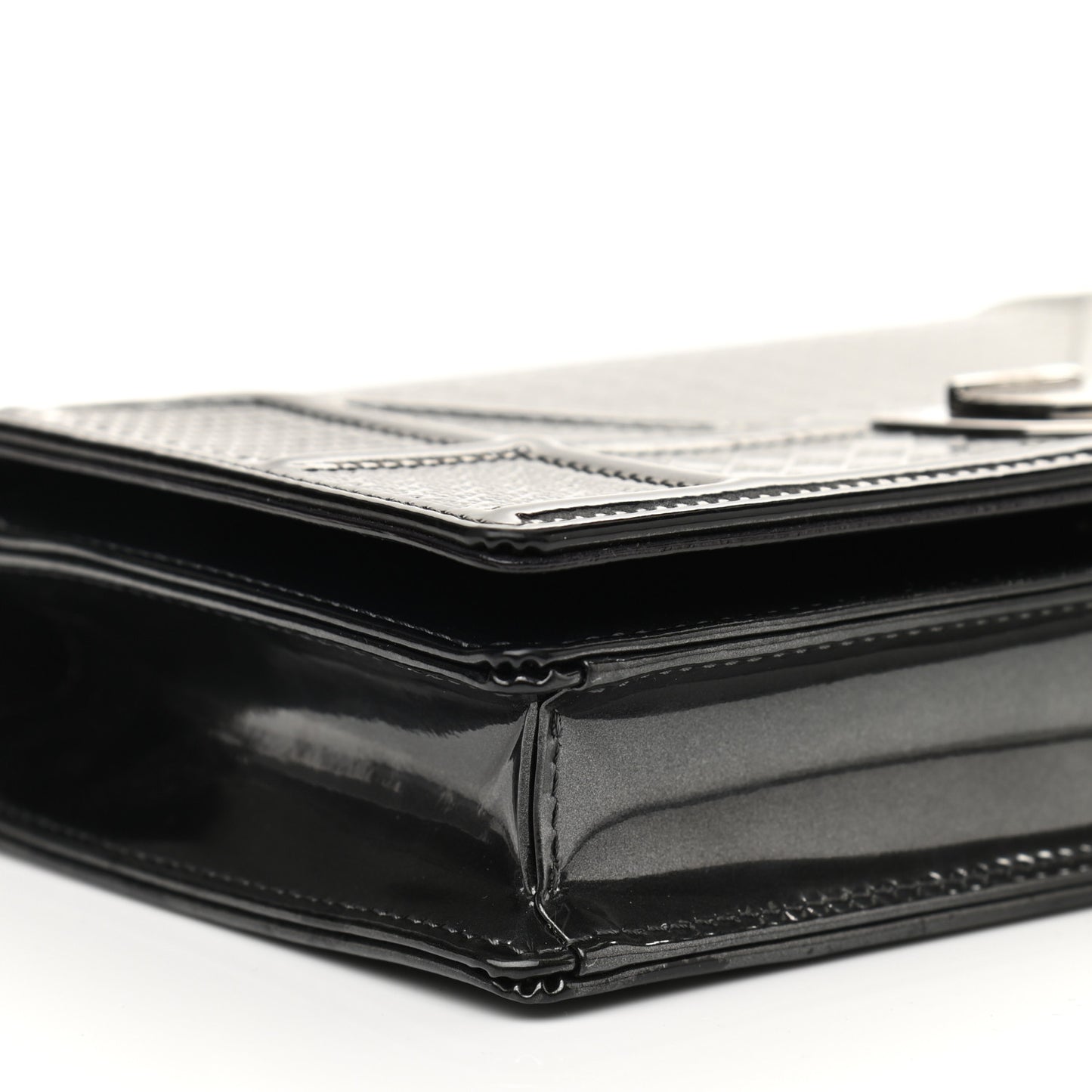 Metallic Patent Micro-Cannage Diorama Wallet on Chain Pouch Onyx Black