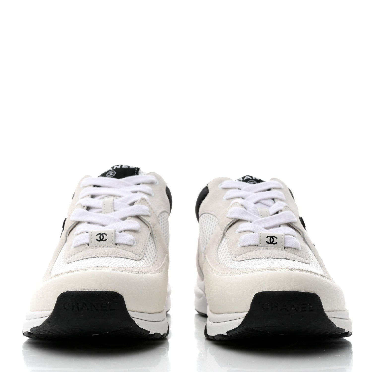 Chanel Mesh Suede Calfskin Grained Calfskin Womens CC Sneakers 39.5 White Black 2 of 9