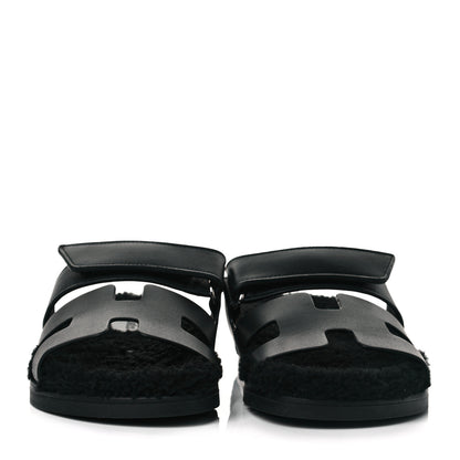 Hermes Calfskin Woolskin Womens Chypre Sandals 37.5 Black 2 of 8