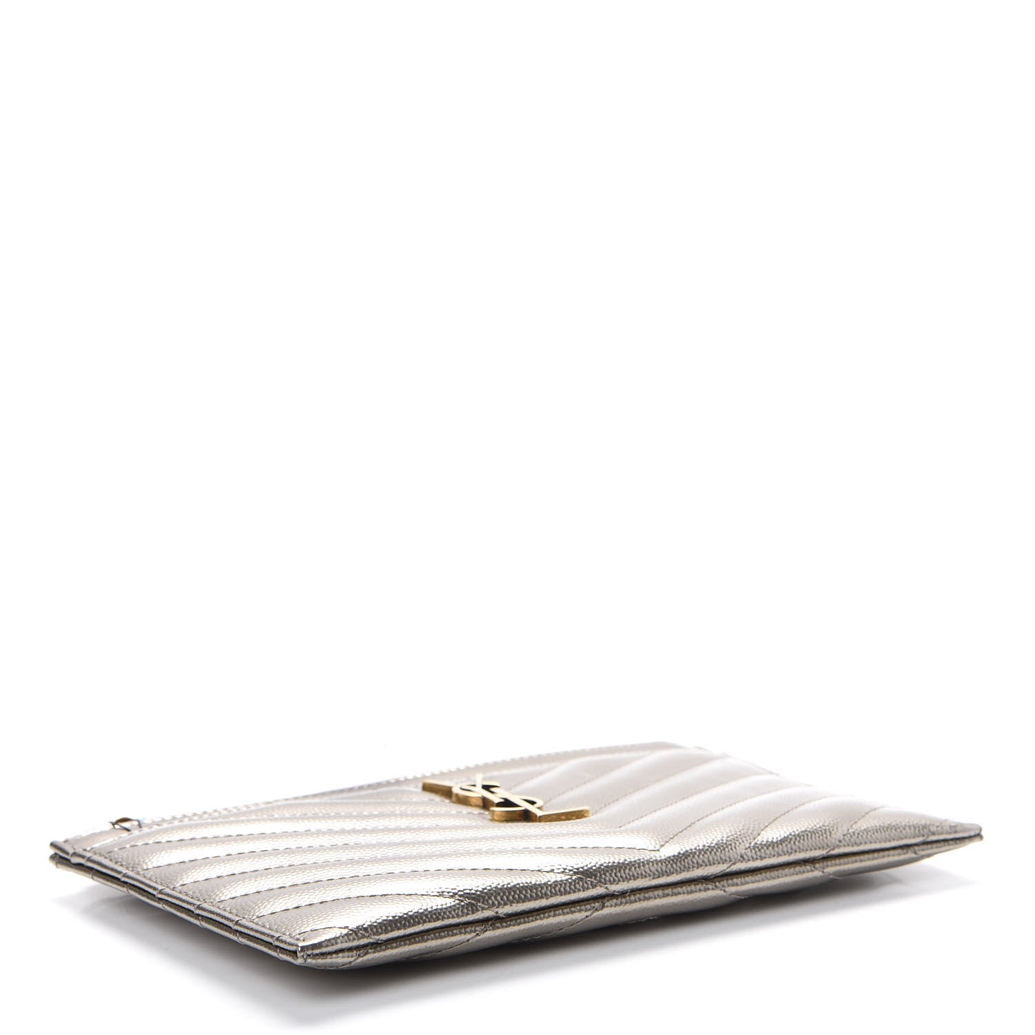 Saint Laurent Metallic Grain De Poudre Matelasse Chevron Monogram Bill Pouch Piombo 3 of 7