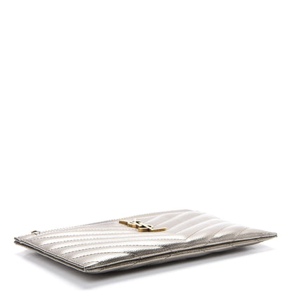 Saint Laurent Metallic Grain De Poudre Matelasse Chevron Monogram Bill Pouch Piombo 3 of 7