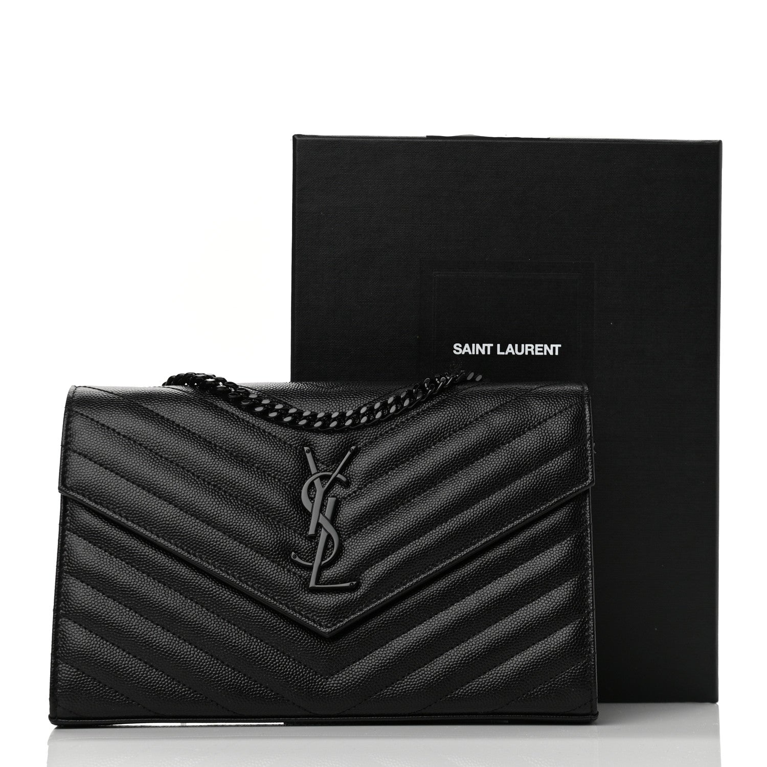 Saint Laurent Grain De Poudre Matelasse Chevron Monogram Monochrome Chain Wallet Black 11 of 11