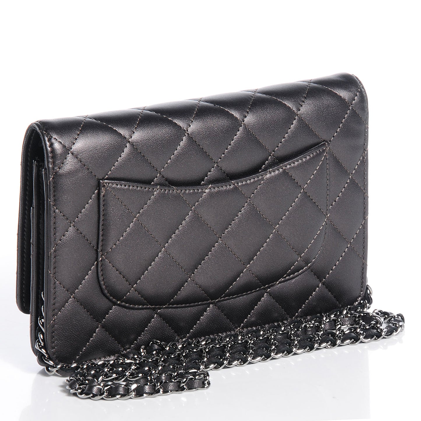 Lambskin Quilted Wallet On Chain WOC Metallic Dark Grey