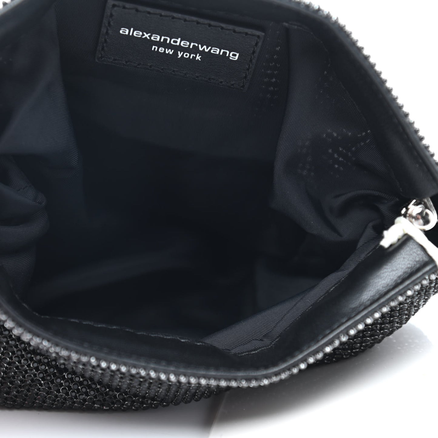 Rhinestone Chain Mesh Wanglock Logo Pouch Black White