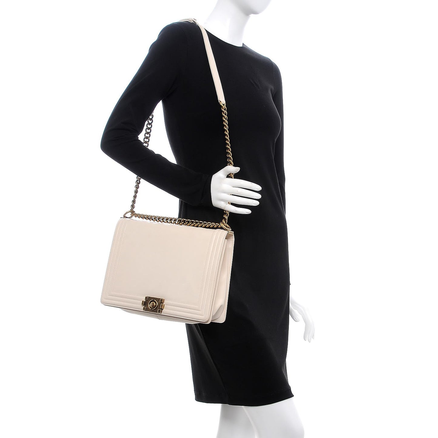 Glazed Calfskin Large Boy Flap Beige Clair