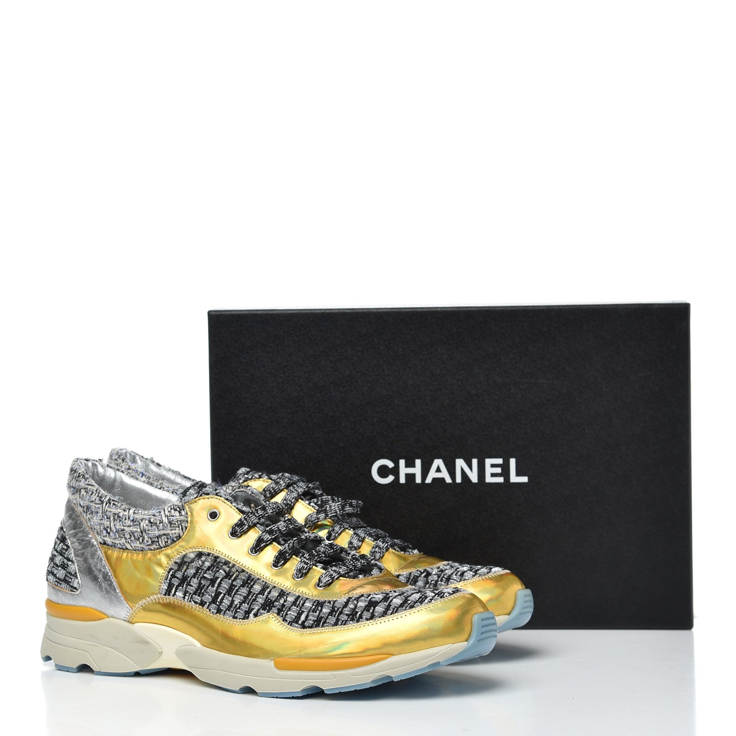 Chanel Tweed Lambskin Tennis Sneakers 42 Black White Argent 14 of 14