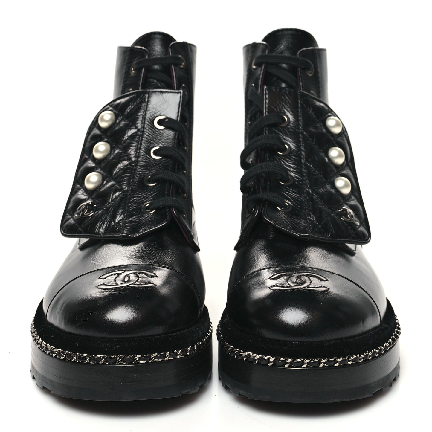 Crackled Calfskin Velvet Pearl Combat Short Boots 37.5 Black