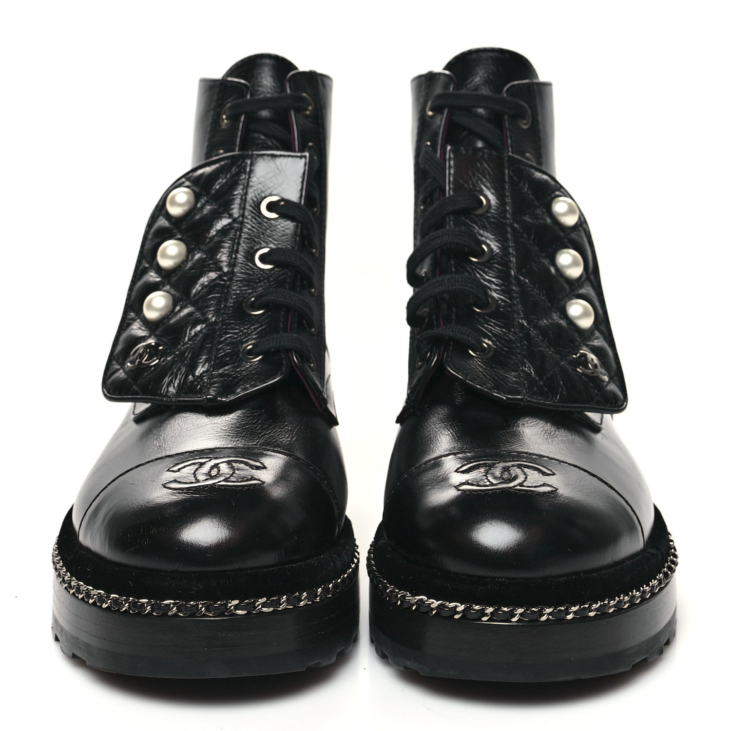 Chanel Crackled Calfskin Velvet Pearl Combat Short Boots 37.5 Black 2 of 9