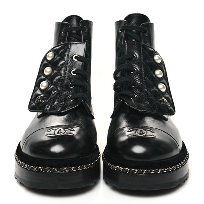 Chanel Crackled Calfskin Velvet Pearl Combat Short Boots 37.5 Black 2 of 9