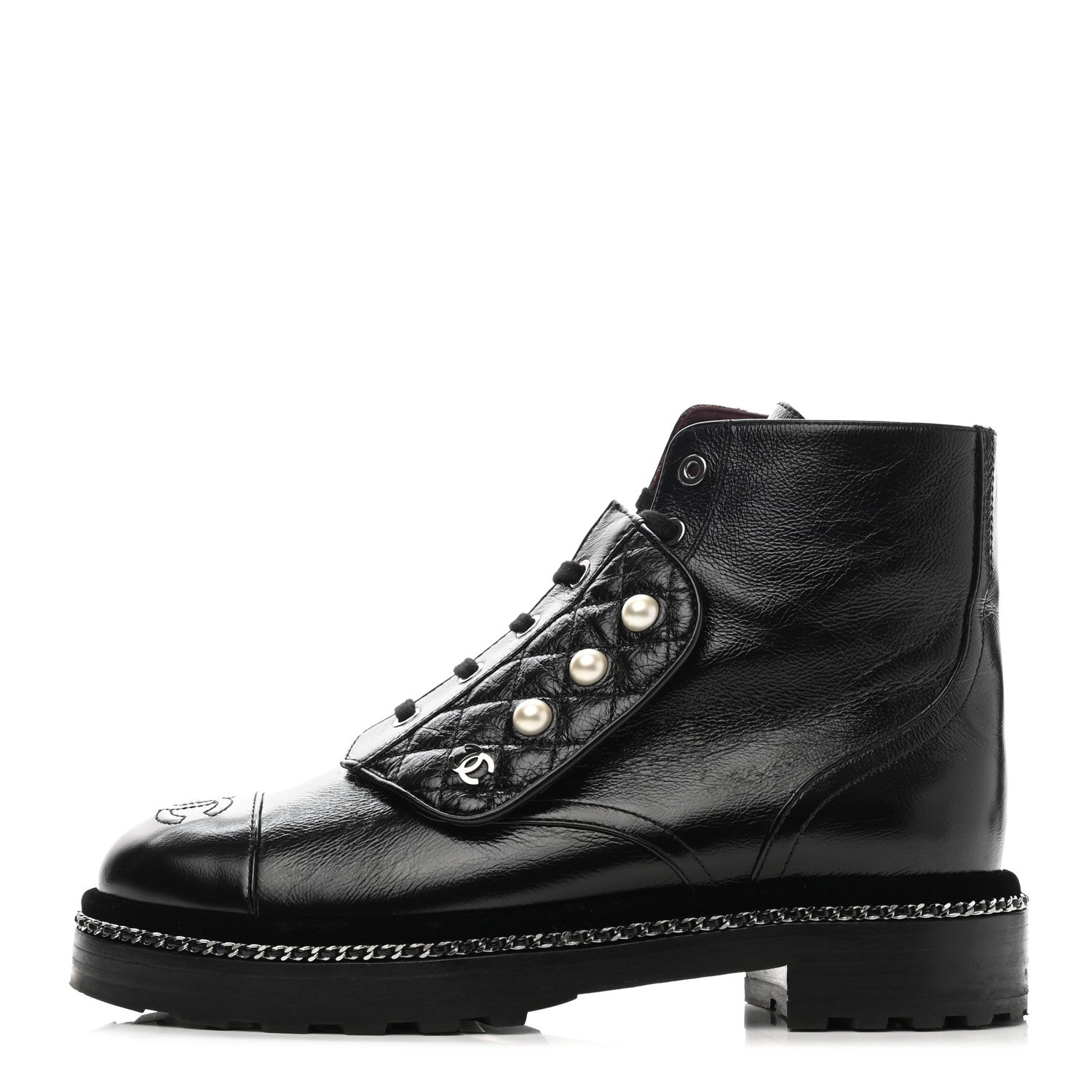 Chanel Crackled Calfskin Velvet Pearl Combat Short Boots 39.5 Black 1 of 8