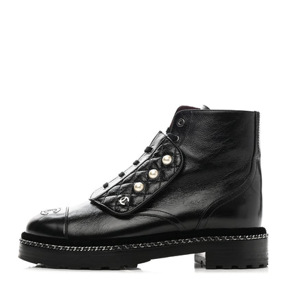 Chanel Crackled Calfskin Velvet Pearl Combat Short Boots 39.5 Black 1 of 8