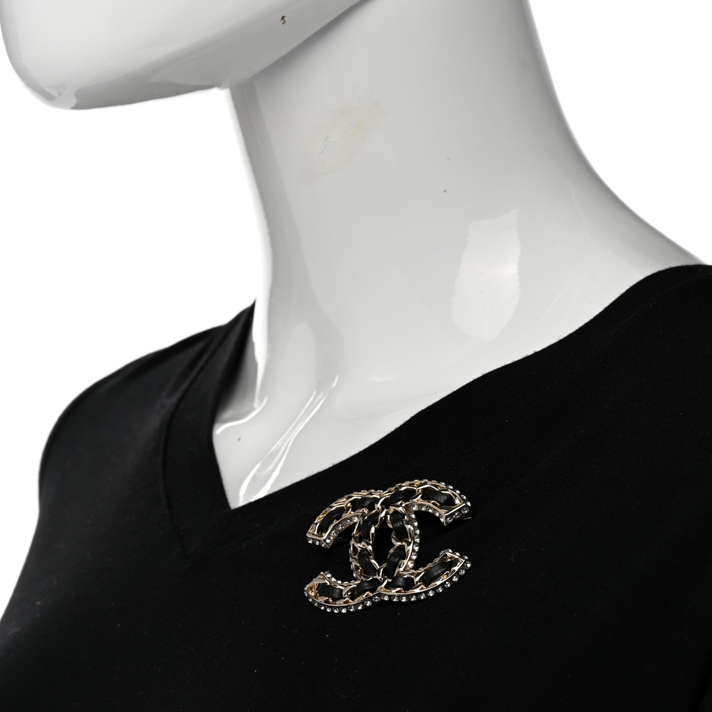 Lambskin Crystal CC Chain Brooch Black Gold