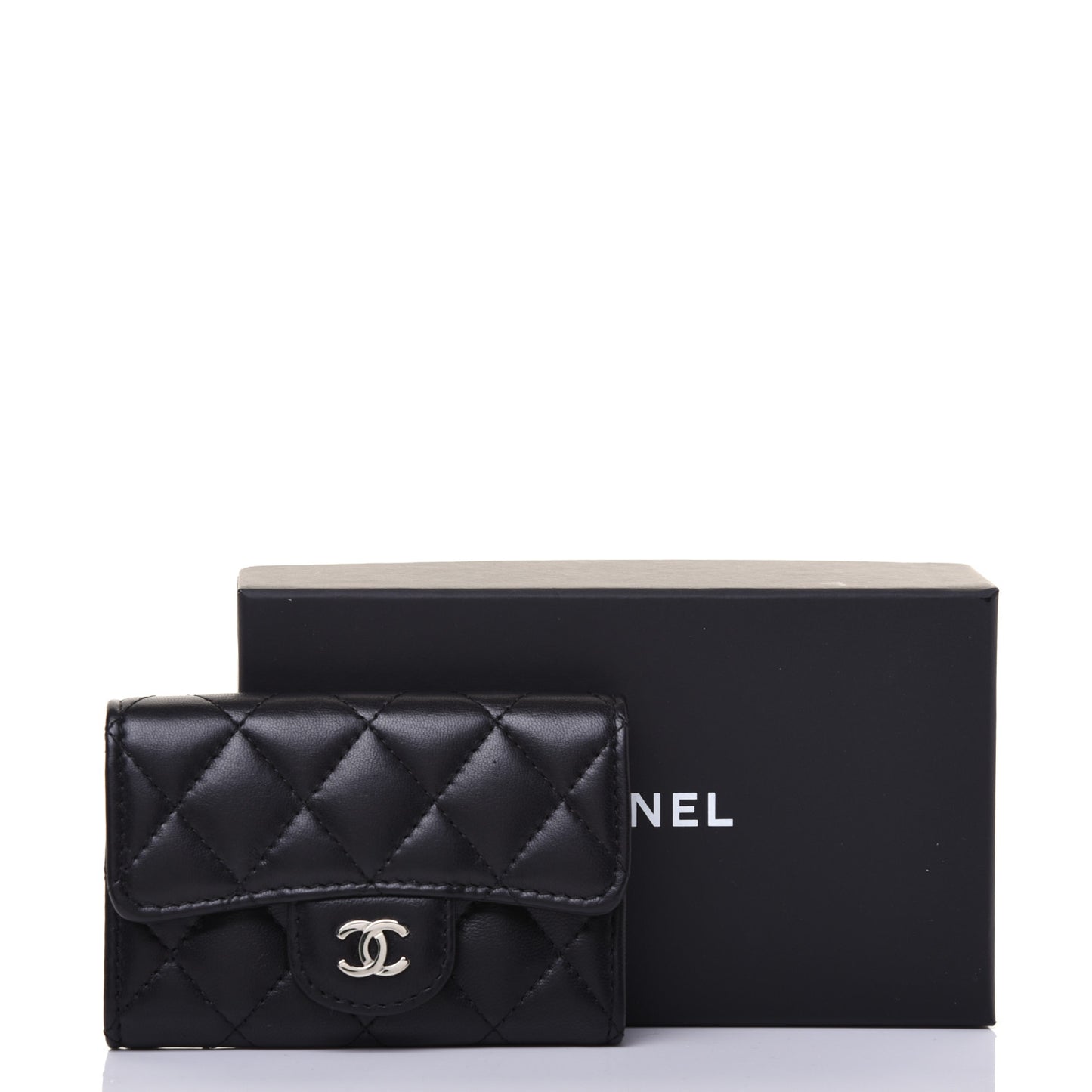 Lambskin Quilted Flap Card Holder Black