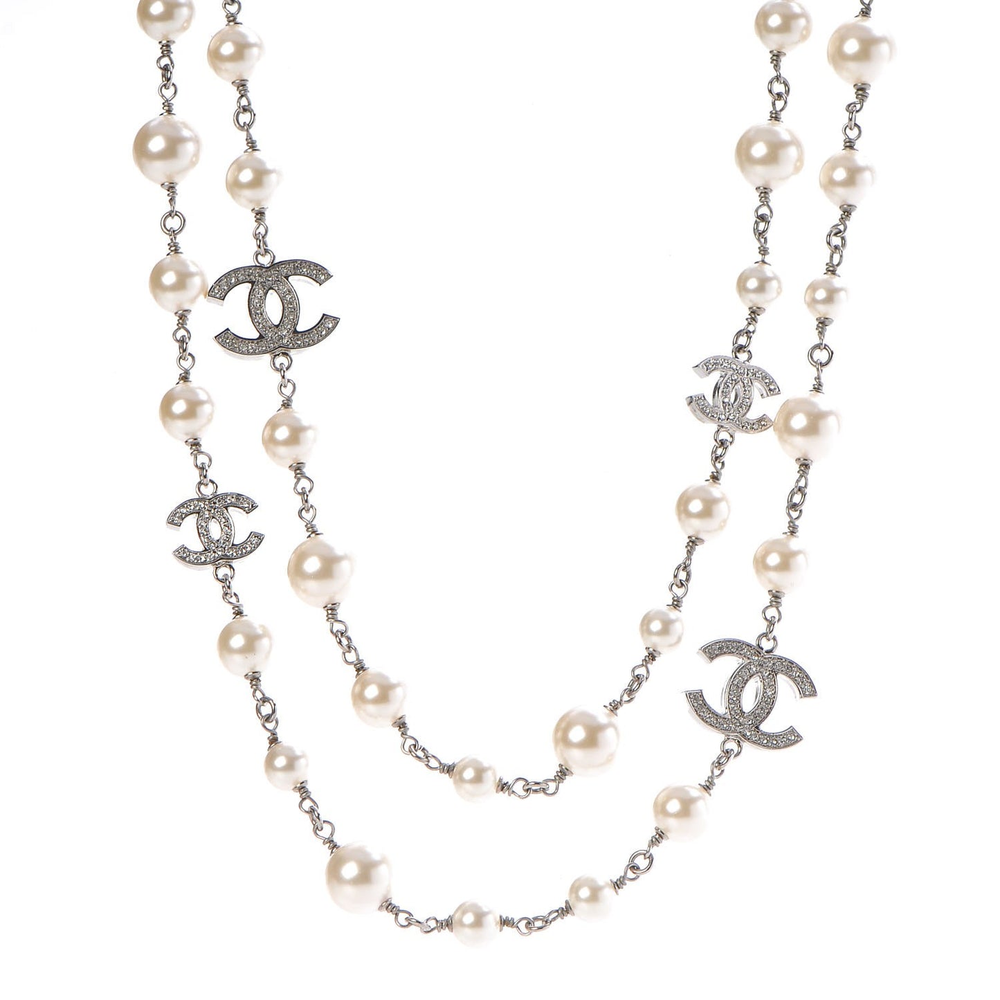 Crystal Pearl CC Long Necklace Silver