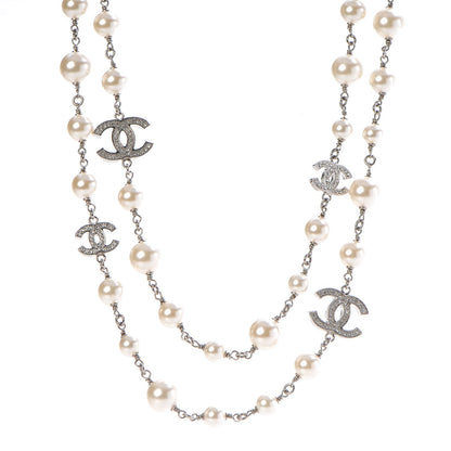 Chanel Crystal Pearl CC Long Necklace Silver 1 of 6