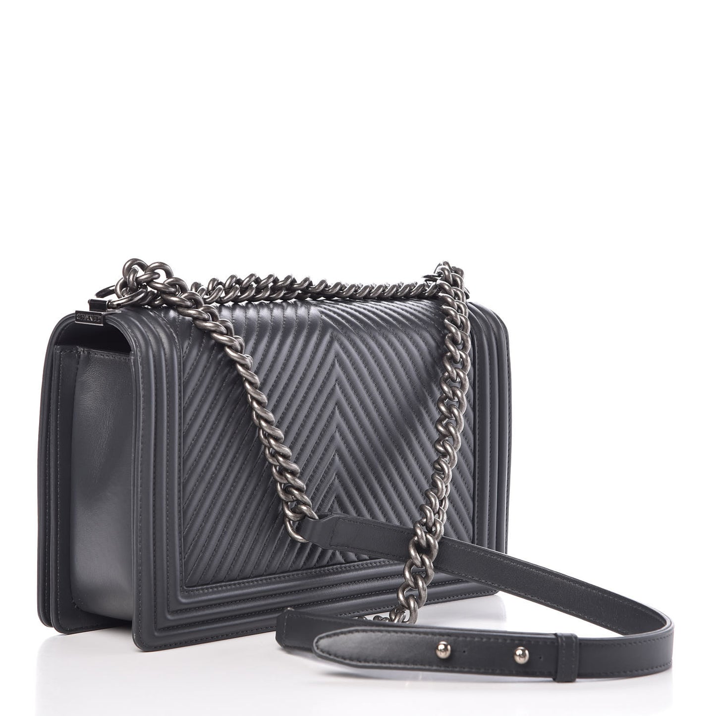 Calfskin Chevron Quilted New Medium Boy Flap Dark Grey