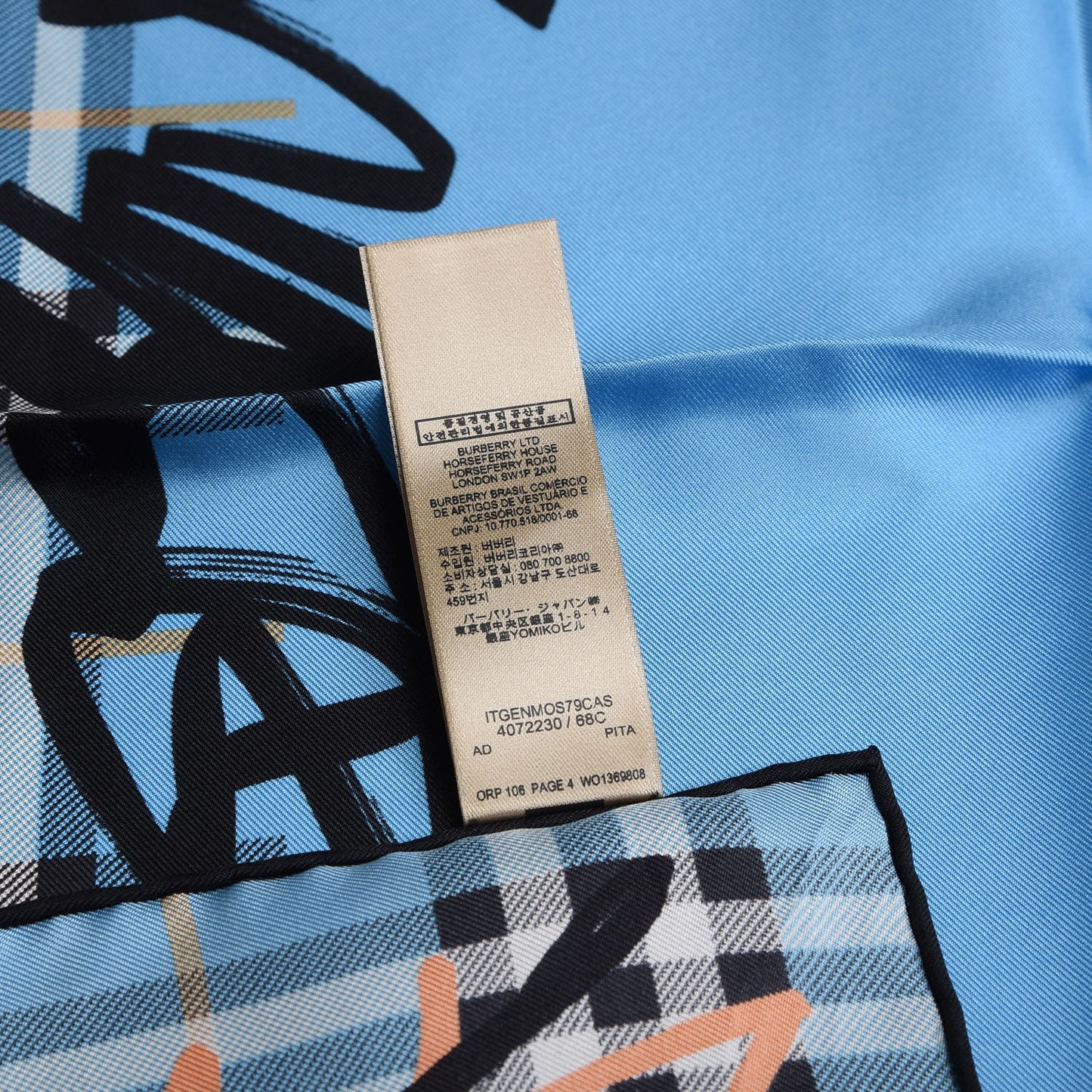Silk Vintage Check Scribble Print Scarf Light Azure