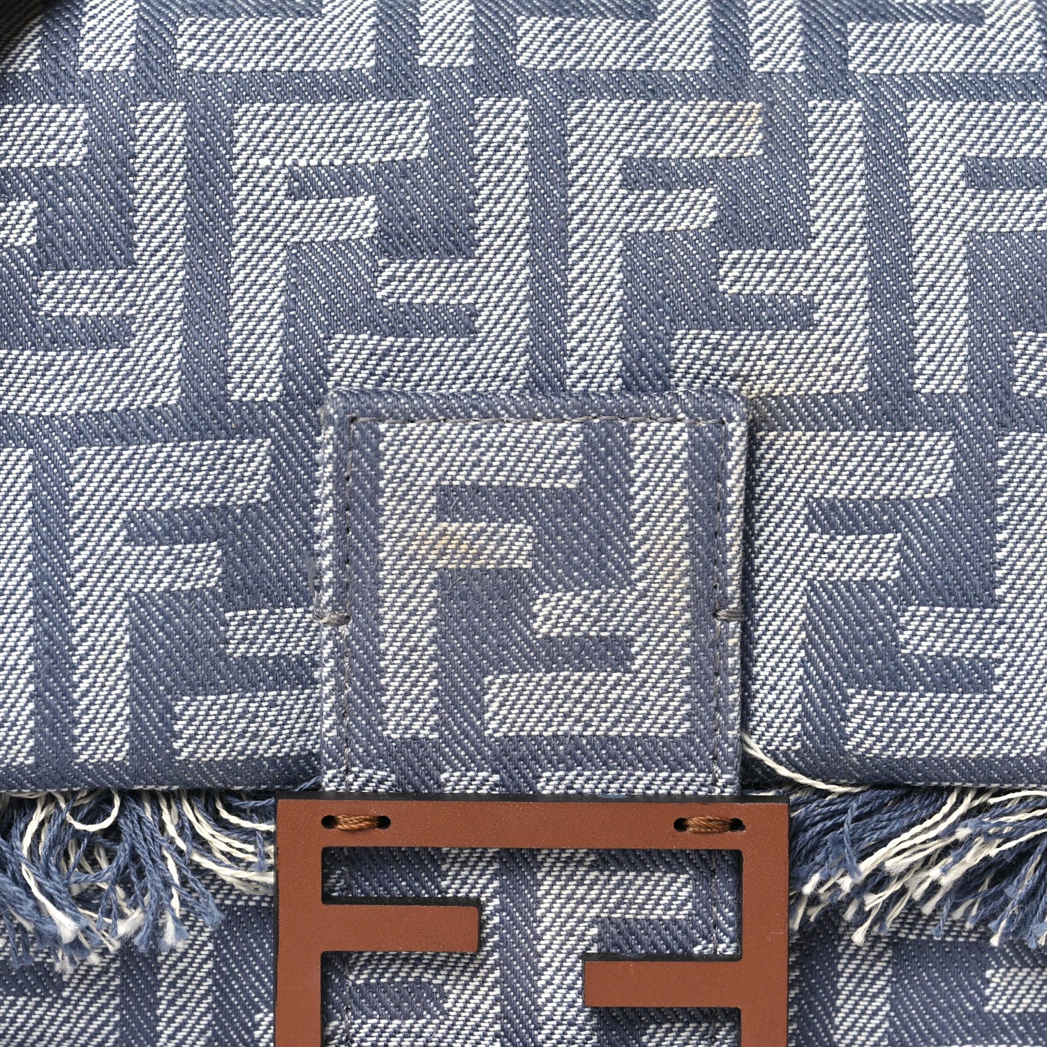 Fendi Denim Vitello Fringe FF Embroidered Baguette Myrtle Dark Nut 8 of 10