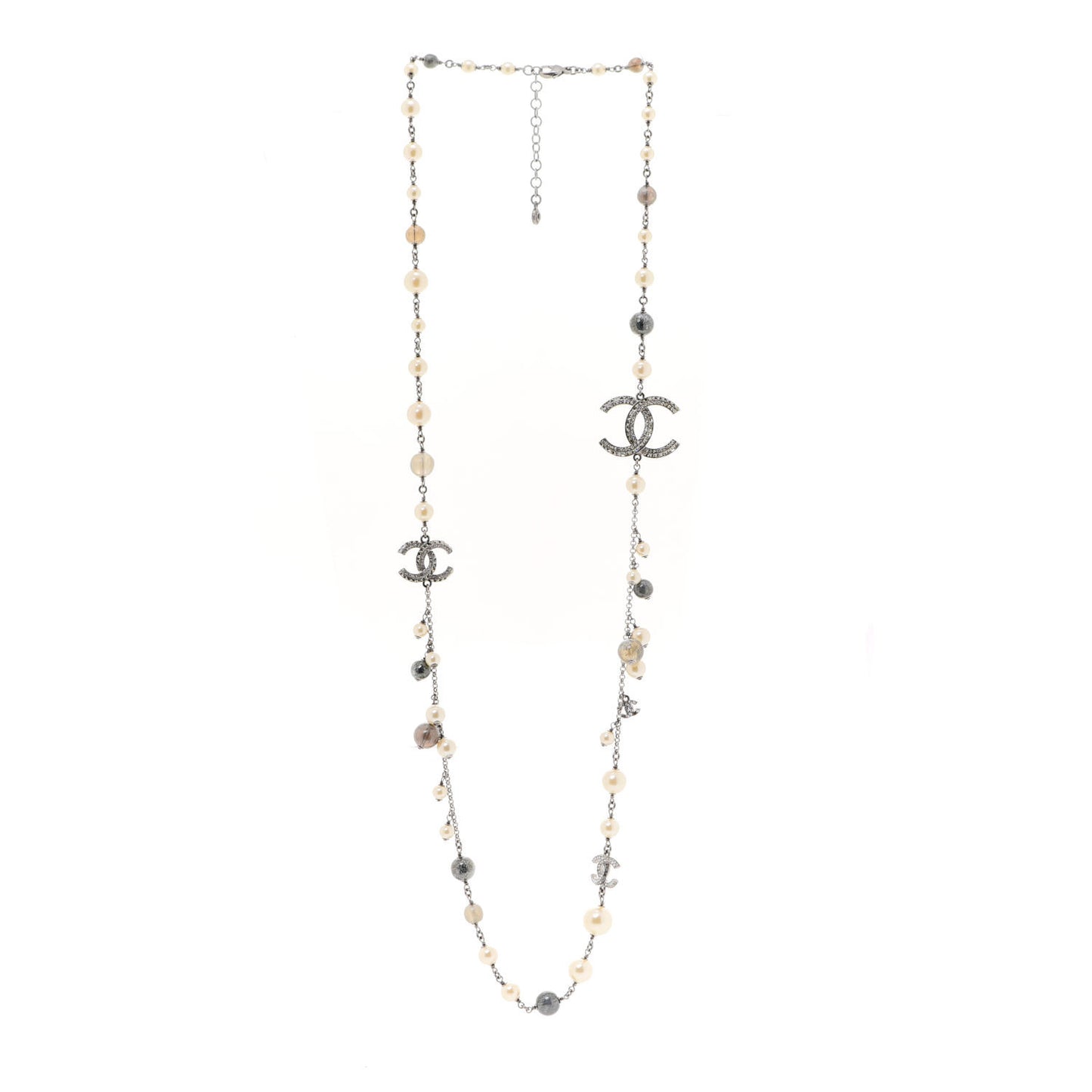Pearl Beaded Enamel CC Coco Long Necklace Silver