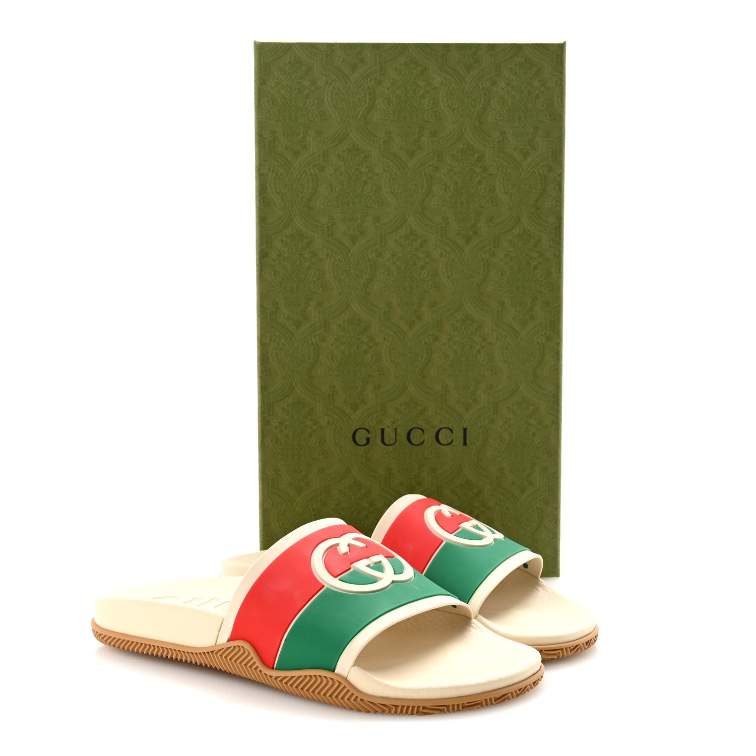 Gucci Rubber Web Womens Interlocking G Slide Sandals 40 Mystic White Green Red 9 of 9