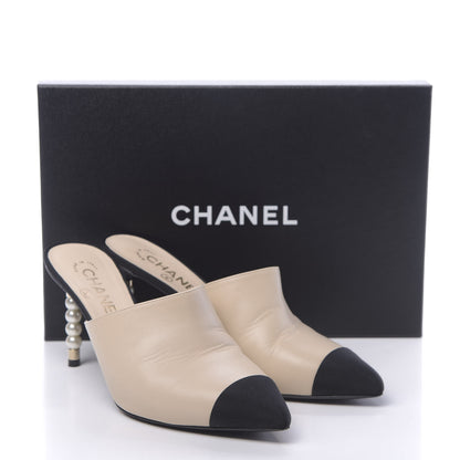 Chanel Lambskin Grosgrain Cap Toe Pearl Mule 38.5 Beige Black 11 of 11