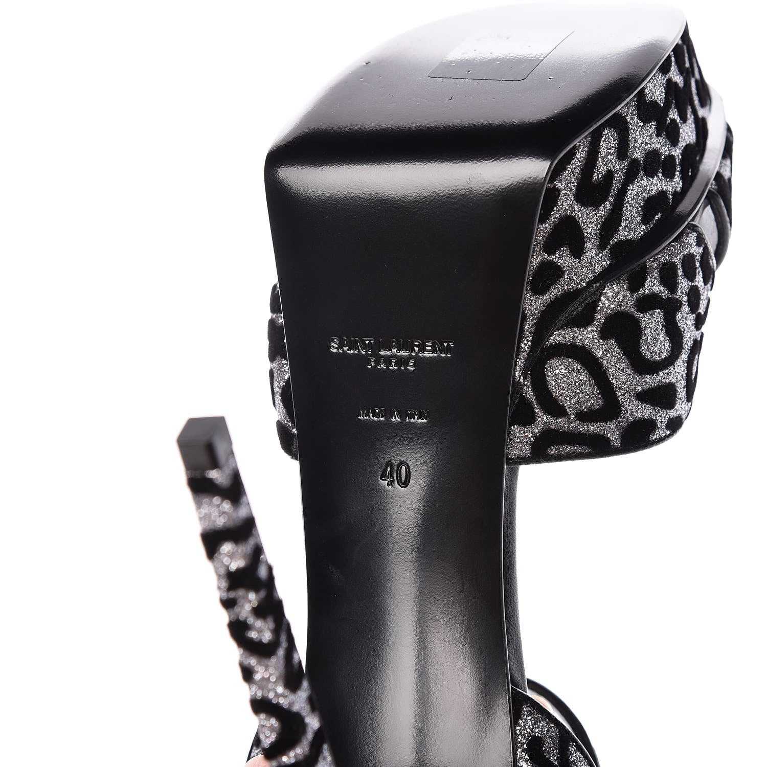 Saint Laurent Velvet Glitter Leopard Print Platform Sandals 40 Argento Black 14 of 18