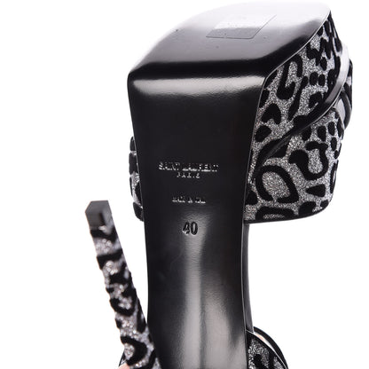 Saint Laurent Velvet Glitter Leopard Print Platform Sandals 40 Argento Black 14 of 18