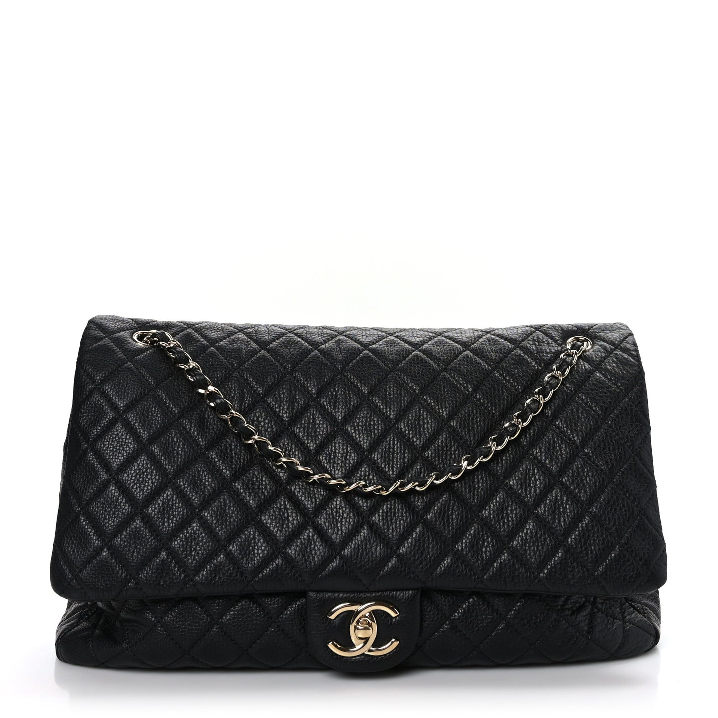 Calfskin Quilted XXL Travel Flap Bag Black