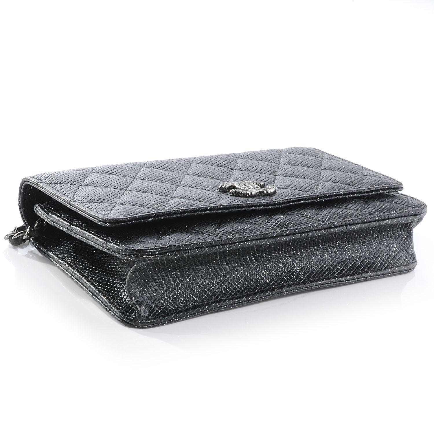 Chanel Glitter Calfskin Quilted Wallet on Chain WOC Black Silver 4 of 8