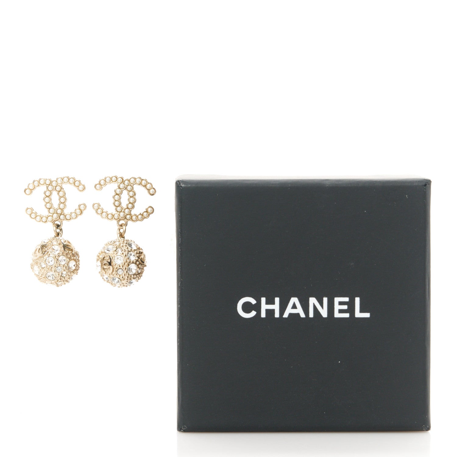 Chanel Crystal Pearl CC Ball Drop Earrings Gold 5 of 5